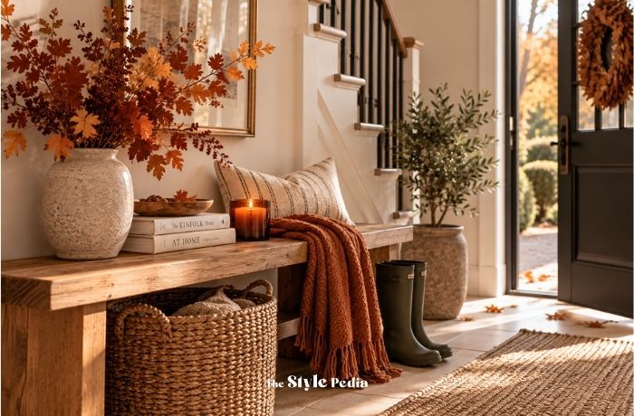 Ingresso di casa accogliente in autunno con panca, plaid e decorazioni dai toni caldi