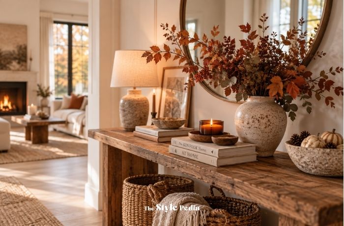 Consolle decorata per l'autunno con vaso, rami, candela e materiali naturali