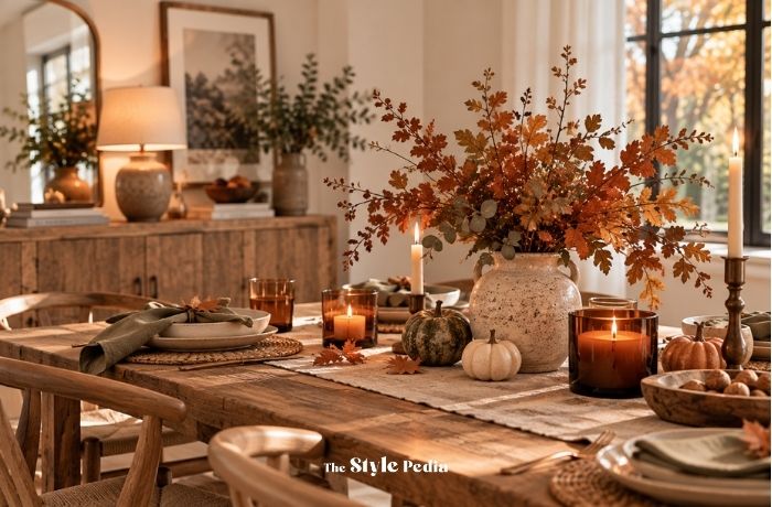 Tavola autunnale elegante con lino, ceramiche, candele e decorazioni naturali