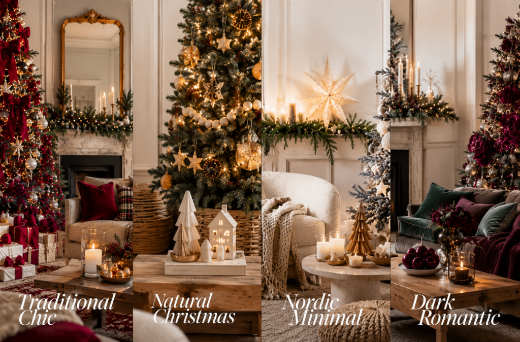 Confronto tra decorazioni di Natale tradizionali, naturali, nordiche e dark· Moodboard quattro palette