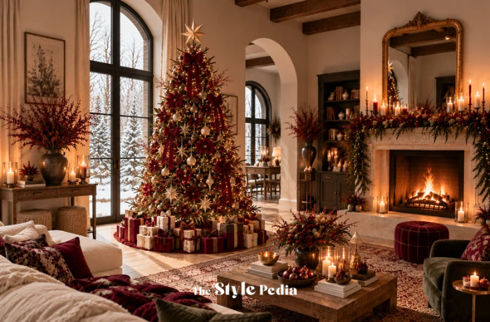 Albero di Natale Dark Romantic interamente visibile con fiocchi burgundy, vetro fumé e luci calde.