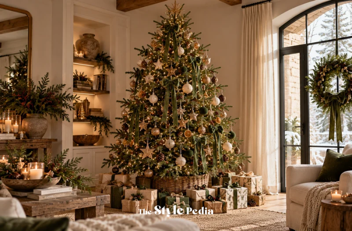 Albero di Natale naturale con decorazioni in legno, ceramica e luci calde
