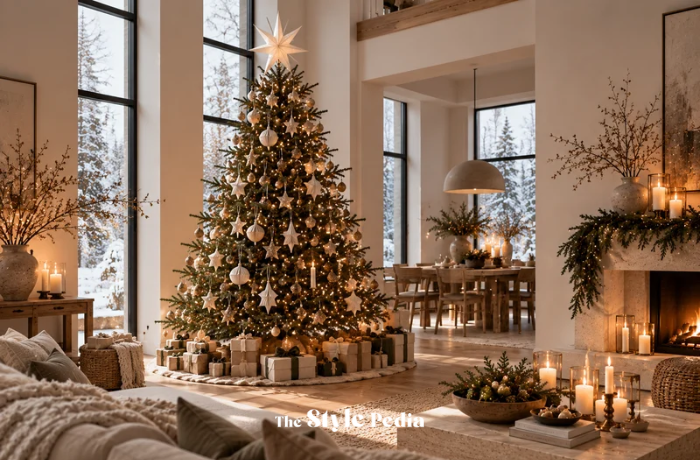 Albero di Natale nordico interamente visibile con stelle di carta, ornamenti in legno e palline avorio.
