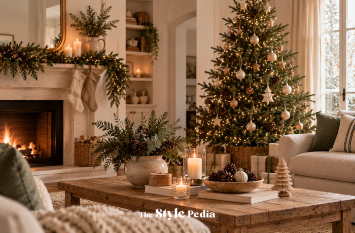 Albero di Natale decorato in soggiorno con addobbi proporzionati e luci calde · Ambientazione verticale.