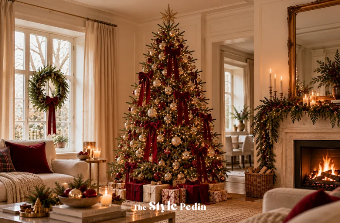 Albero di Natale tradizionale chic con fiocchi in velluto rosso, palline dorate e luci bianco caldo.