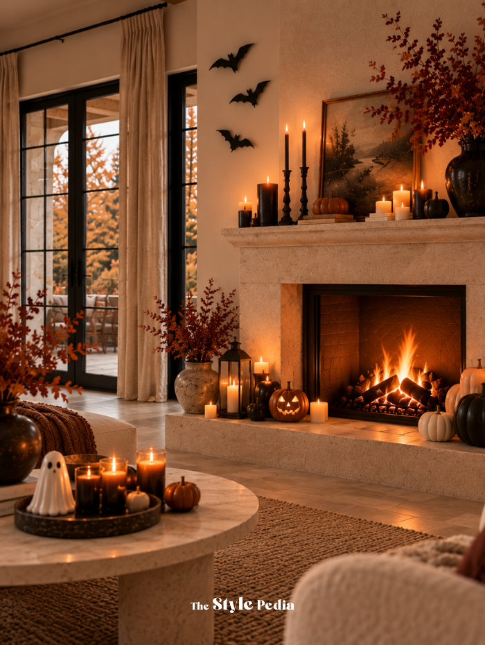 Camino decorato in stile Falloween con candele, zucche e dettagli Halloween