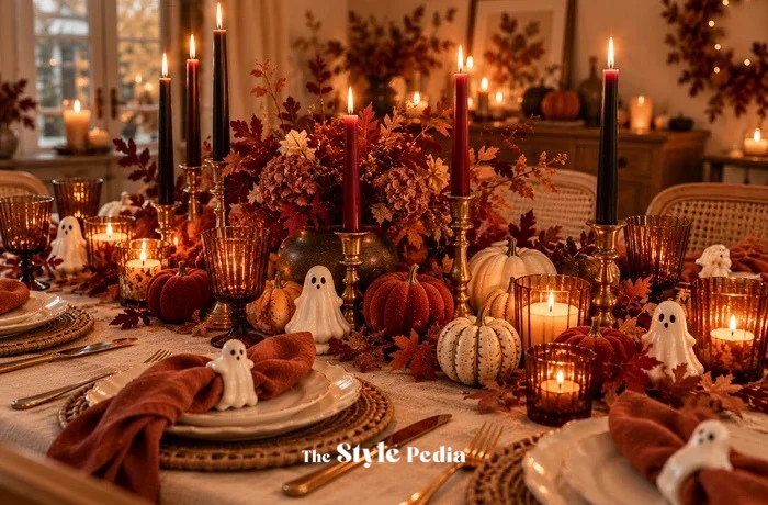 Centrotavola di Halloween con candele nere e bordeaux, zucche, fantasmini e foliage autunnale.