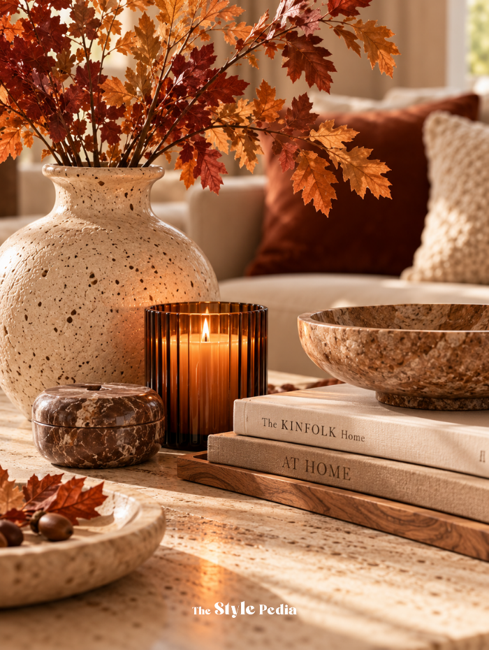 Coffee table autunnale decorato con libri, candela, ciotola e vaso con rami autunnali