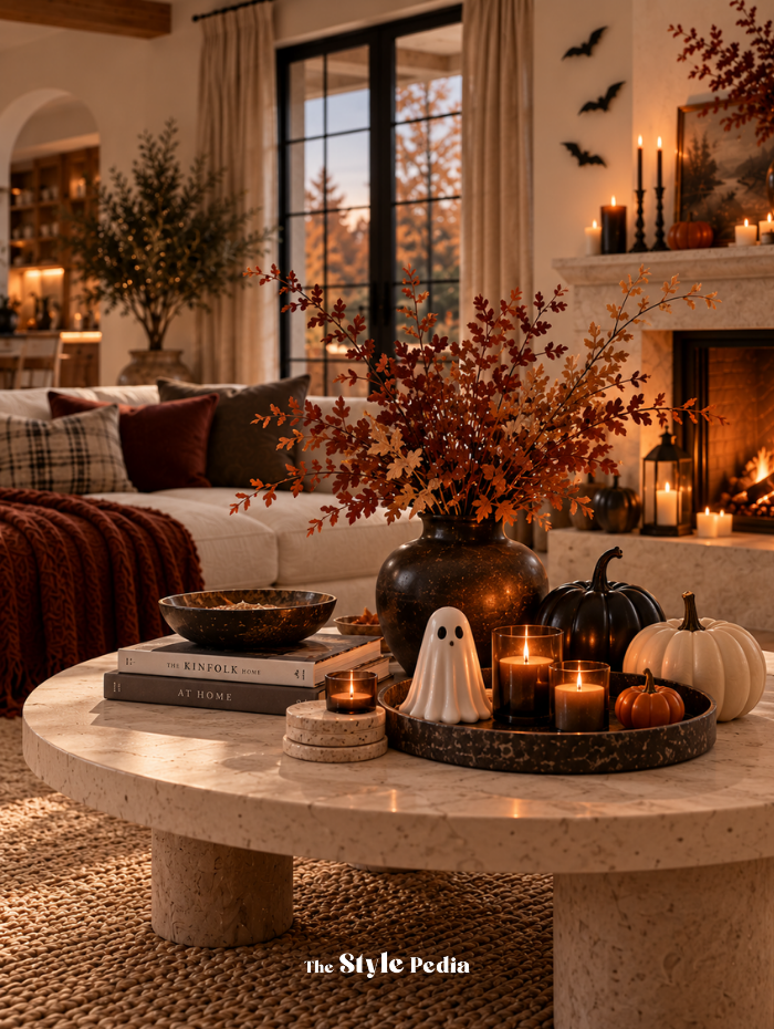 Coffee table Falloween con candela, libri, zucche e decorazioni Halloween