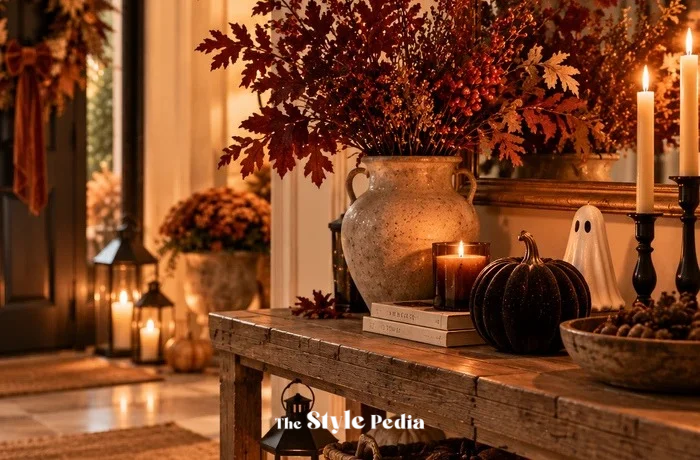 Consolle di ingresso decorata per Halloween con specchio, rami burgundy, candela ambrata e fantasmino