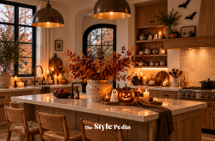 Cucina Falloween con rami autunnali, candele, zucche e piccoli dettagli Halloween