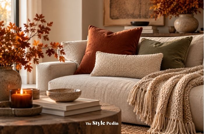Cuscini e plaid disposti sul divano con diverse proporzioni e texture
