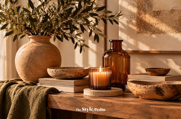 Vaso in terracotta, vetro ambrato, legno e candela nei colori autunnali