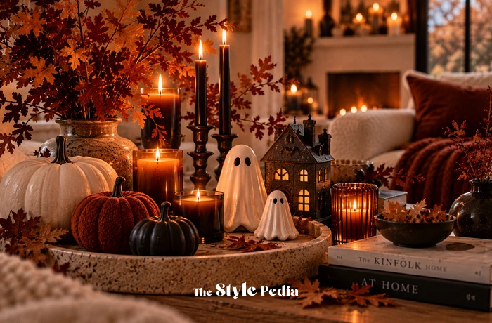 Decorazioni Halloween con fantasmi in ceramica, haunted house, candele e zucche