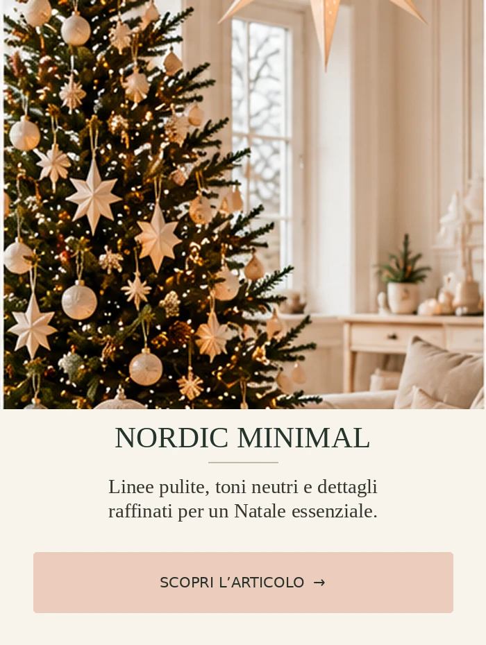 Ambiente natalizio nordico minimal con albero essenziale, stella luminosa e decorazioni nei toni neutri.