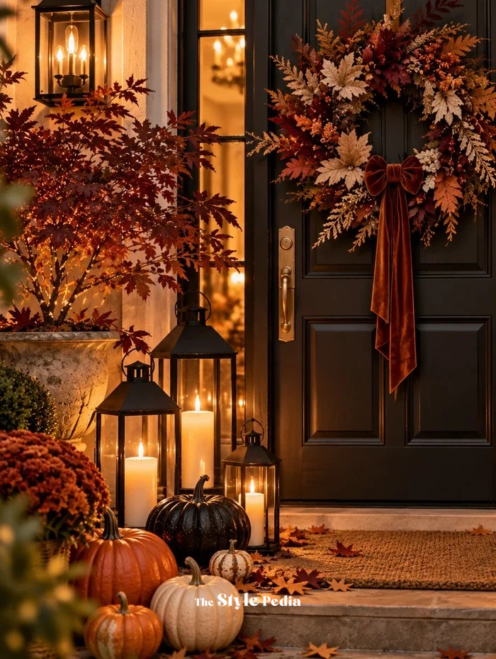Porta di ingresso Halloween con ghirlanda autunnale bordeaux, lanterne e zucche