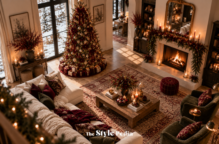 Vista dall’alto di un soggiorno Dark Romantic decorato con velluto burgundy, ghirlande e candele.