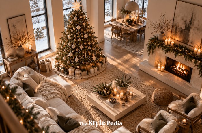 Soggiorno natalizio scandinavo visto dall’alto con tessili neutri, legno chiaro, candele e decorazioni essenziali.