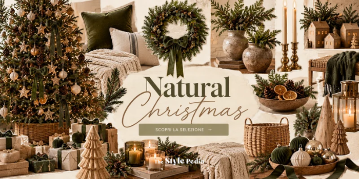 Moodboard The Natural Christmas Edit con decorazioni natalizie naturali e invito a scoprire la selezione Amazon