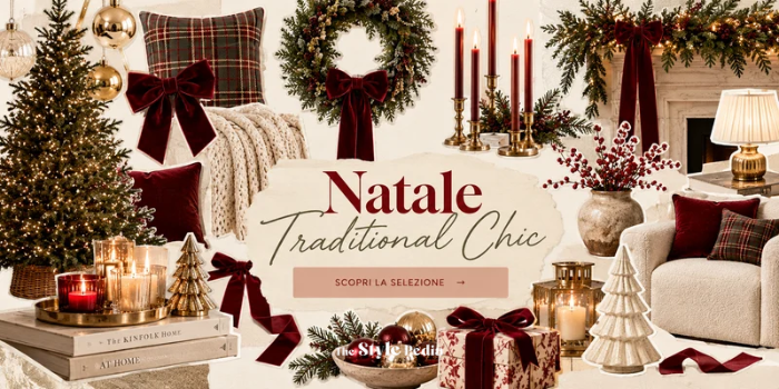 Moodboard The Traditional Christmas Edit con decorazioni natalizie rosse, verde abete e oro anticato della selezione Amazon THESTYLEPEDIA
